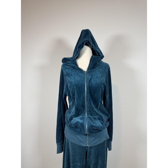 Juicy Couture Vintage Tracksuit Set Women Medium Blue Velour Hoodie Made USA Y2K - Picture 3 of 16